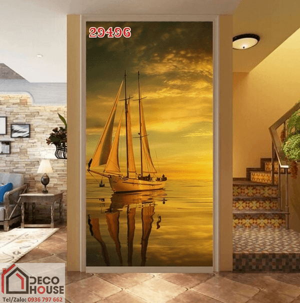 Tranh kính cường lực in hình 3D con thuyền phong thủy