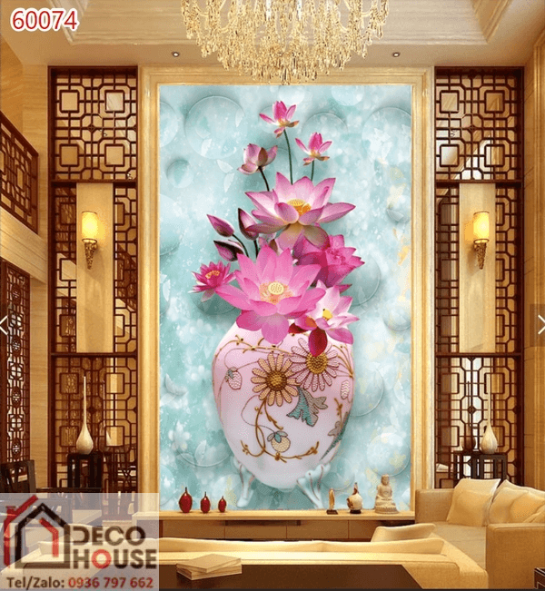 Tranh kính phong thủy hình hoa sen khổ đứng