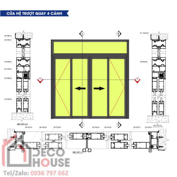 Cấu tạo cửa nhôm kính trượt quay 4 cánh nhôm Xingfa