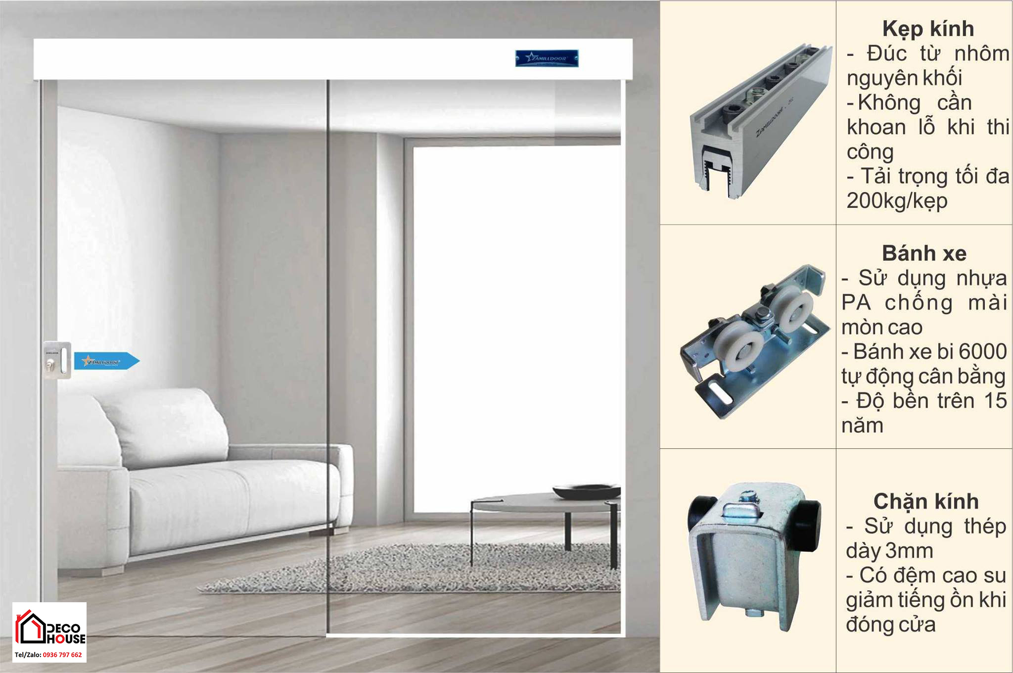 Các phụ kiện quan trọng của cửa kính lùa Zamilldoor